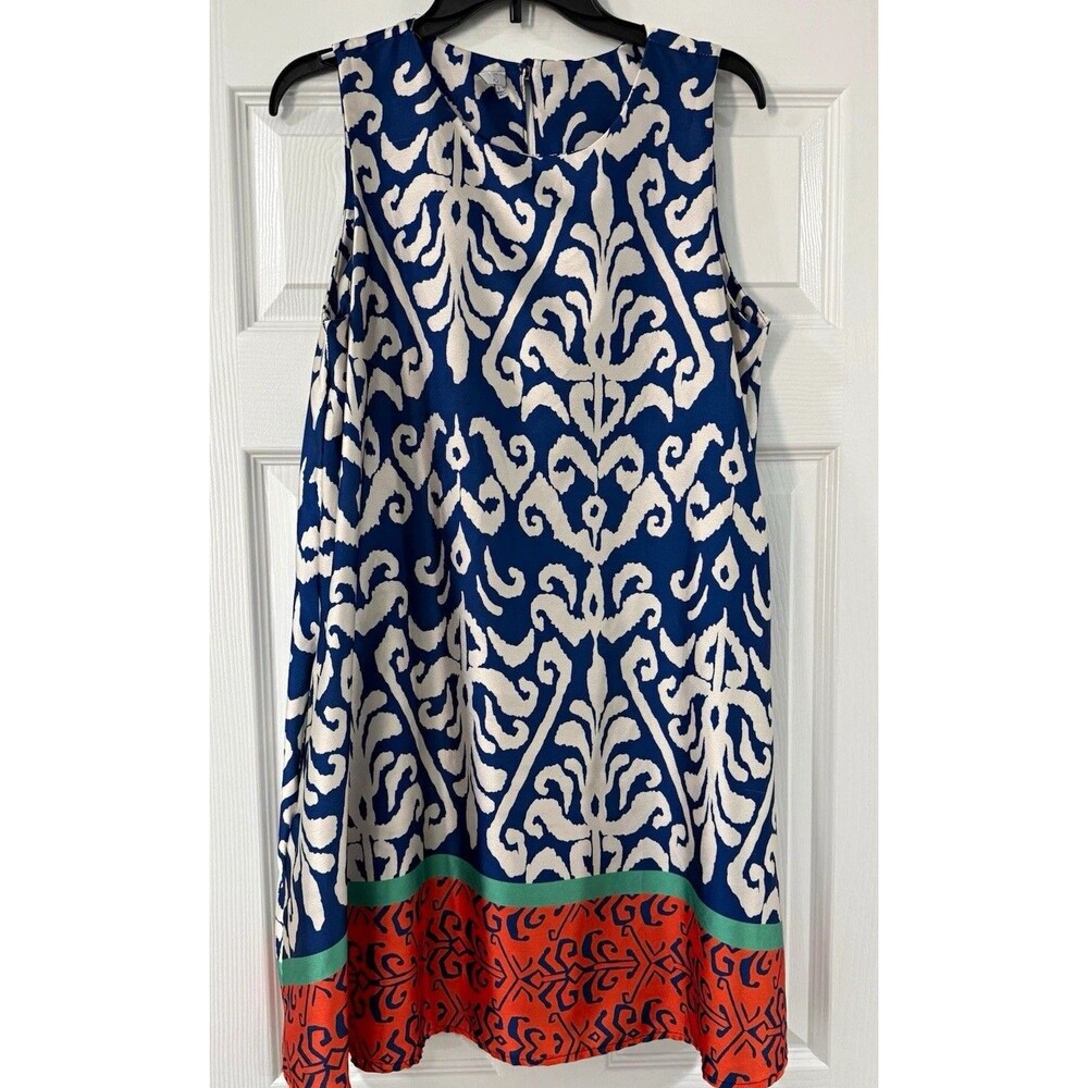 VASNA Sleeveless Shift Dress Paisley Blue/White Orange Hem Pockets - M